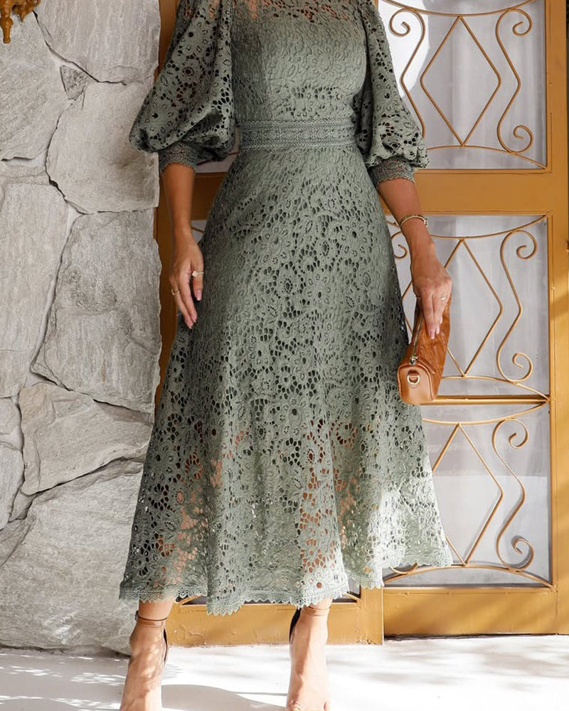 Vestido Midi de Encaje con Mangas de Linterna
