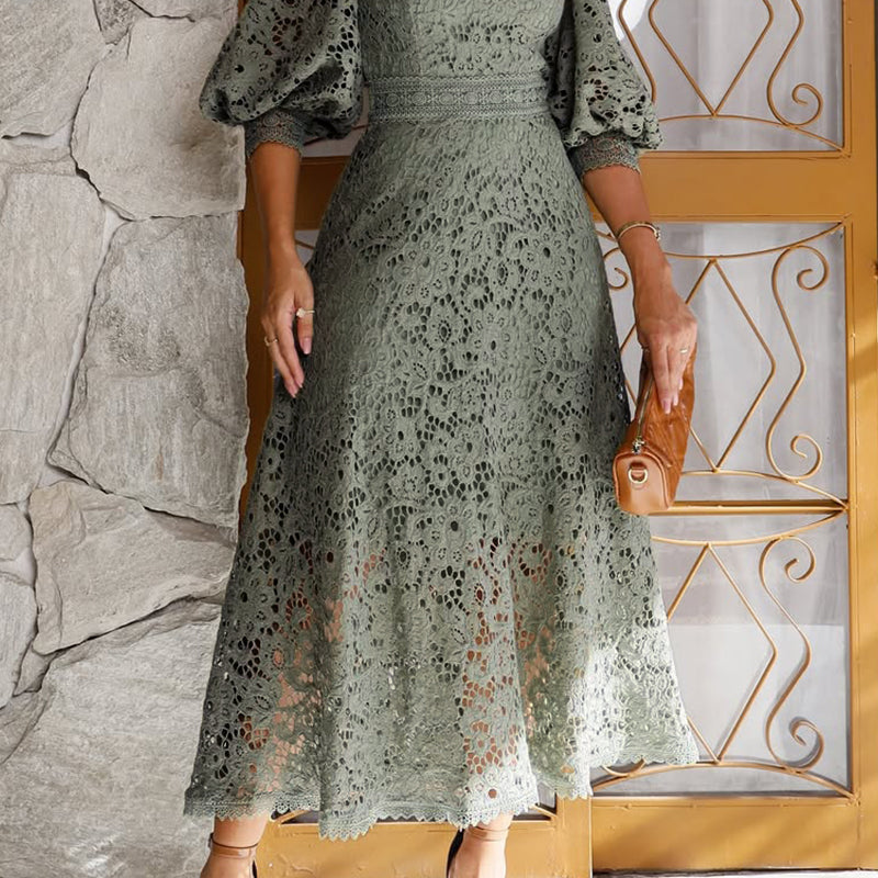 Vestido Midi de Encaje con Mangas de Linterna