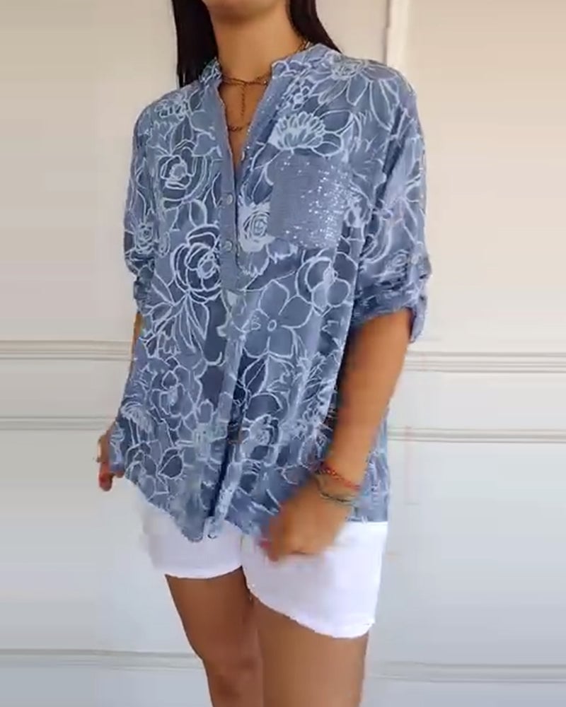 Blusa Impresa Con Botones y Cuello en V