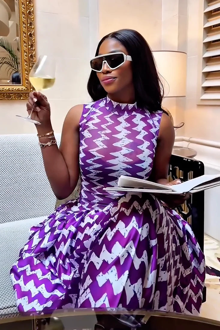 Vestido Maxi de Estampado Zigzag Morado
