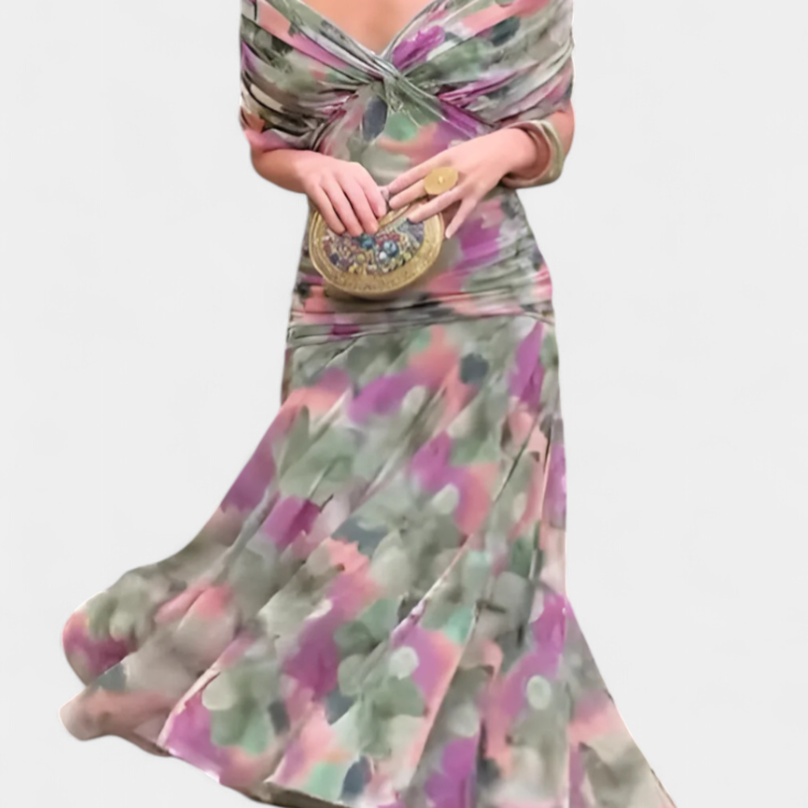 Vestido Largo Floral con Escote en V y Elegancia Romántica
