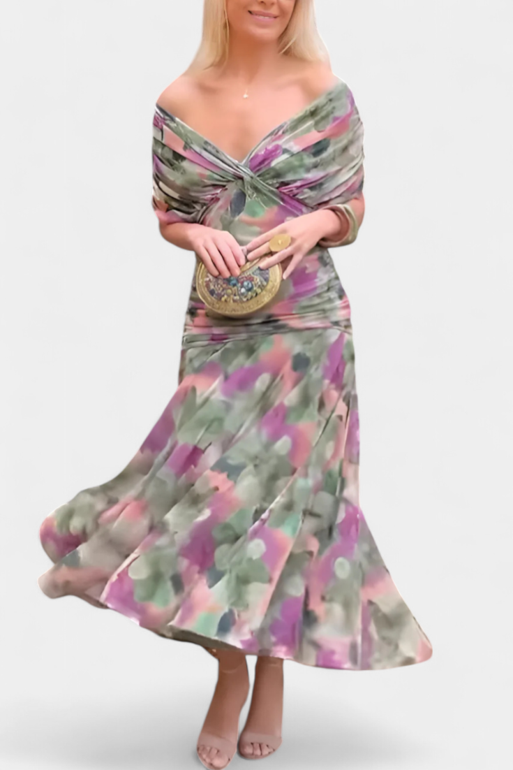 Vestido Largo Floral con Escote en V y Elegancia Romántica