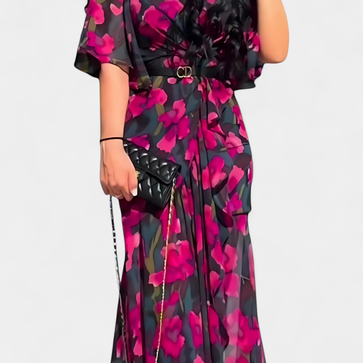Sima Vestido Cruzado Estampado con Escote en V y Mangas Acampanadas