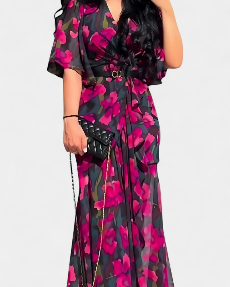 Sima Vestido Cruzado Estampado con Escote en V y Mangas Acampanadas