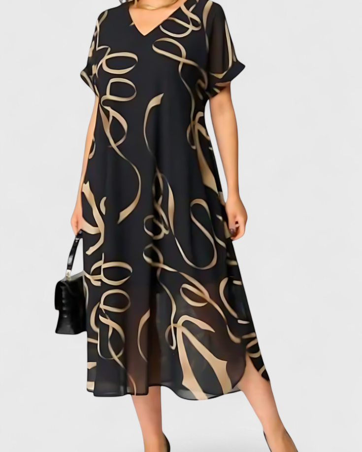 Jillian Vestido Caftán Negro con Estampado Abstracto en Oro y Escote en V