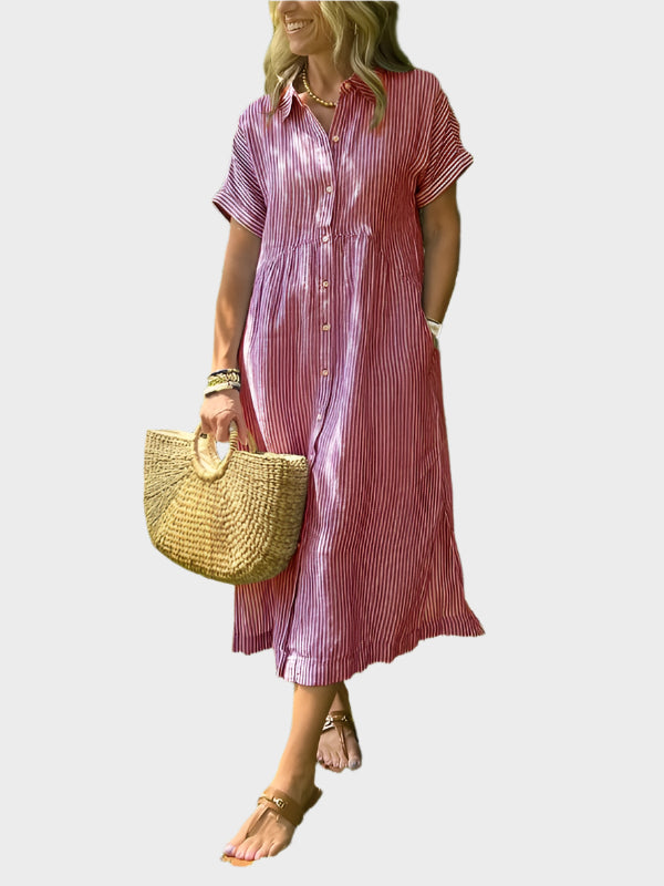 Vestido Camisero a Rayas con Solapas, Botones y Bolsillos Funcionales