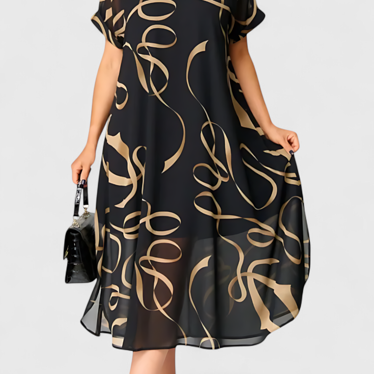 Jillian Vestido Caftán Negro con Estampado Abstracto en Oro y Escote en V