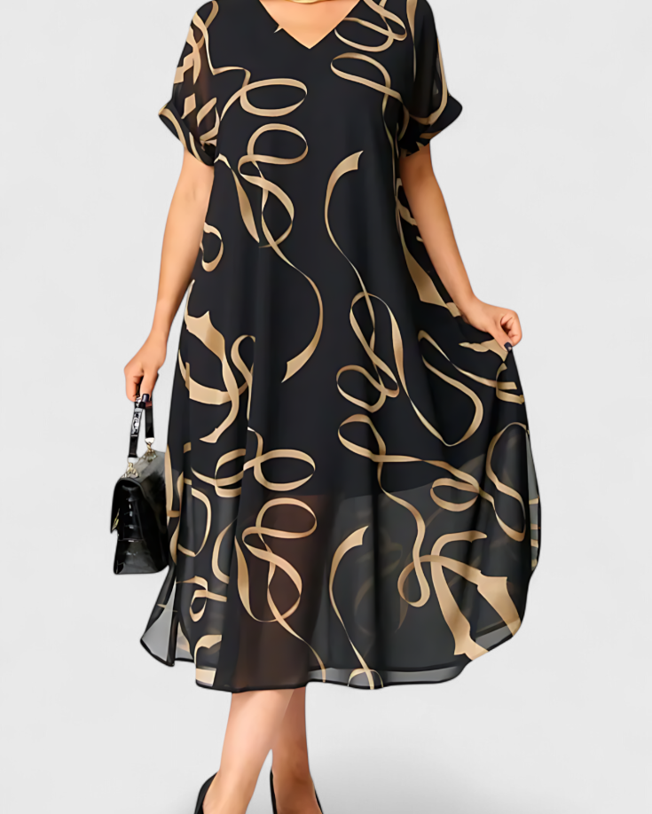 Jillian Vestido Caftán Negro con Estampado Abstracto en Oro y Escote en V