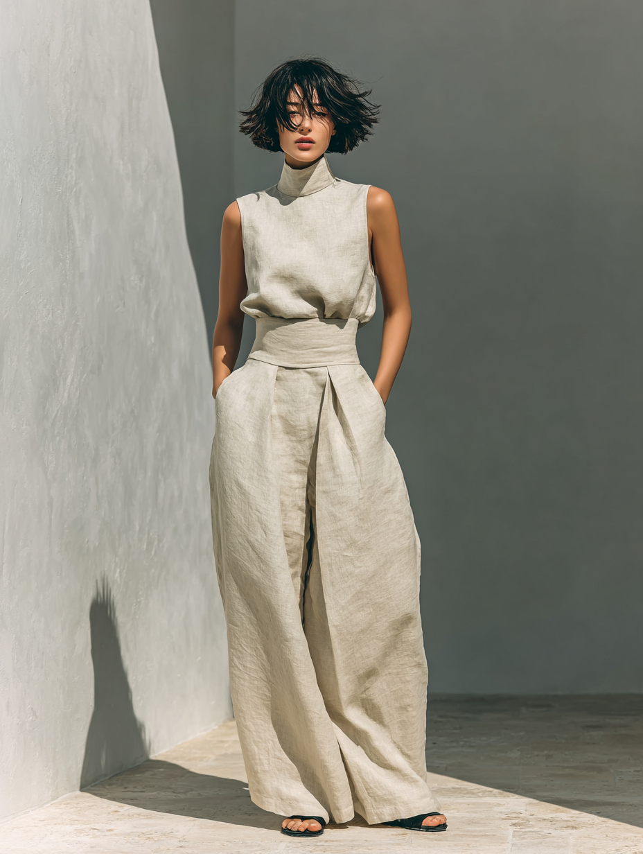 Conjunto de blusa sin mangas de algodón y lino con pantalones anchos para mujer