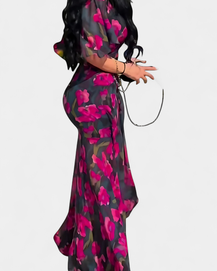 Sima Vestido Cruzado Estampado con Escote en V y Mangas Acampanadas
