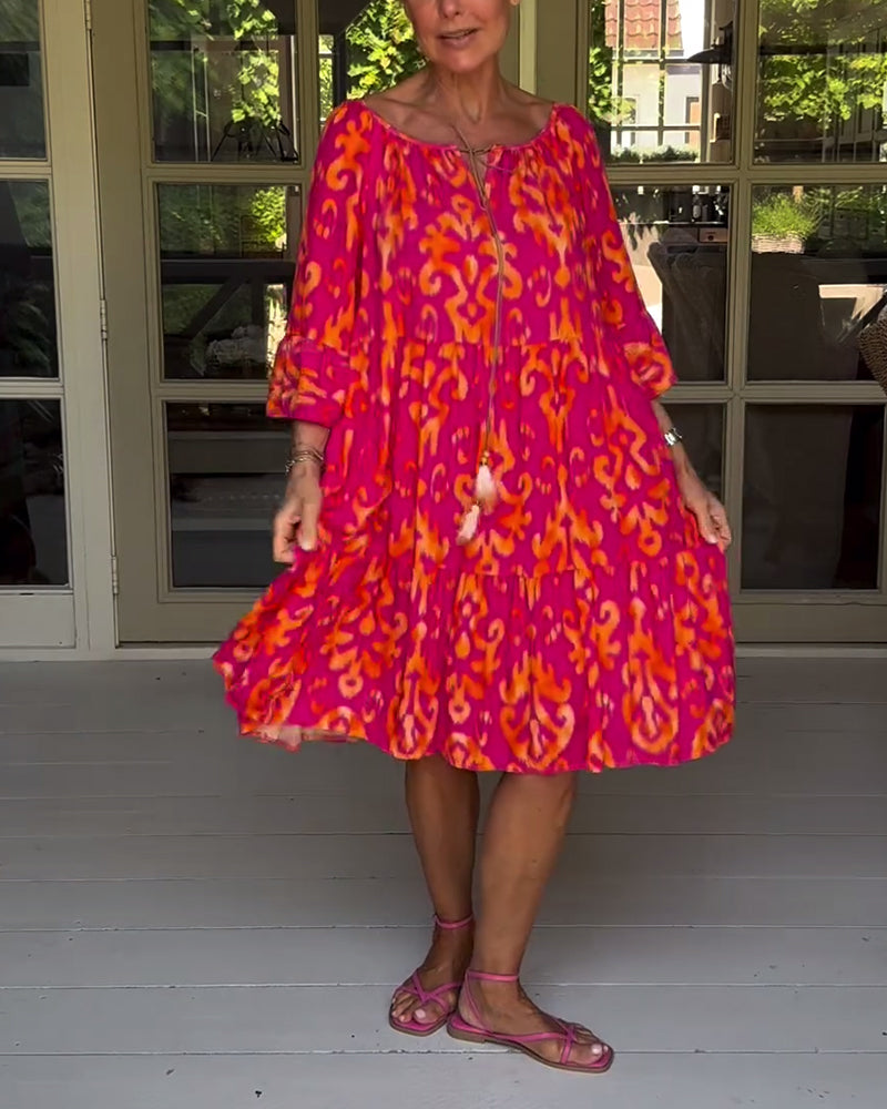 Vestido Rojo Con Estampado Y Mangas Tres Cuartos