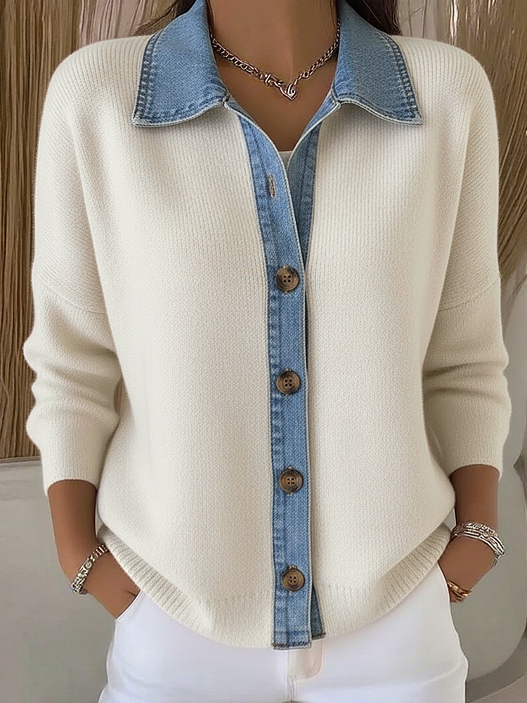 Cardigan de punto con cuello polo y parches de denim, con botones