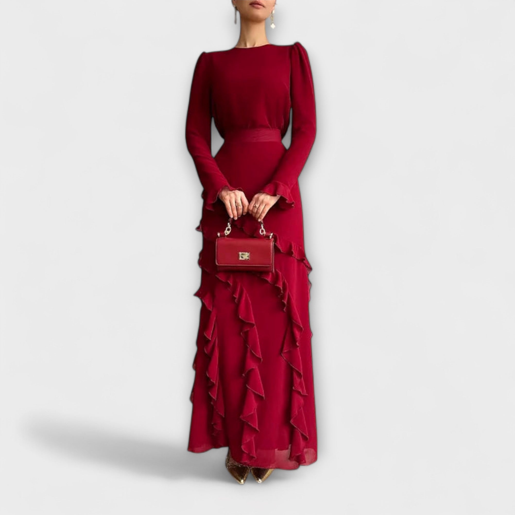 Fallon - Vestido Largo Ajustado con Volantes en Tres Dimensiones