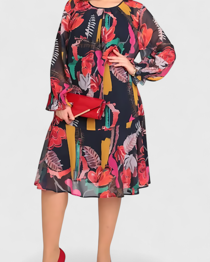 Annegret Vestido Midi Floral con Mangas Largas y Corte Fluido