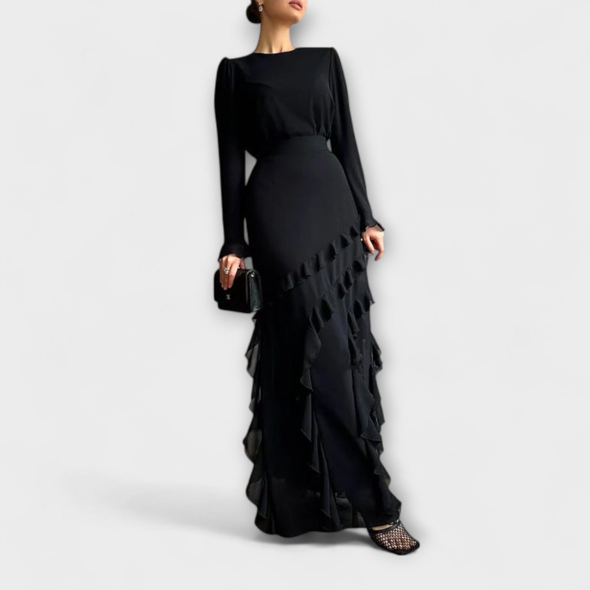 Fallon - Vestido Largo Ajustado con Volantes en Tres Dimensiones