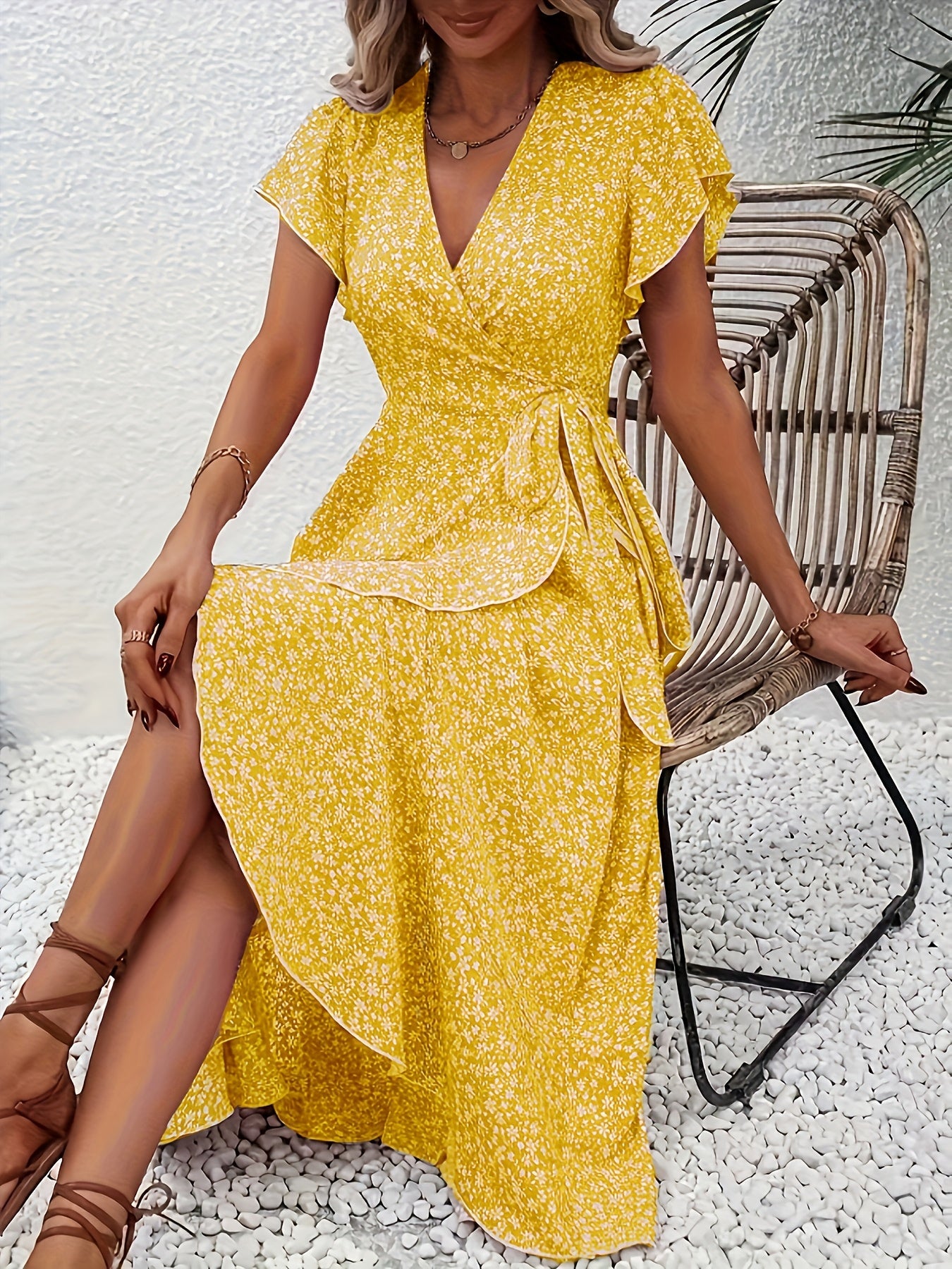 Vestido de Manga Corta con Escote en V para Mujer