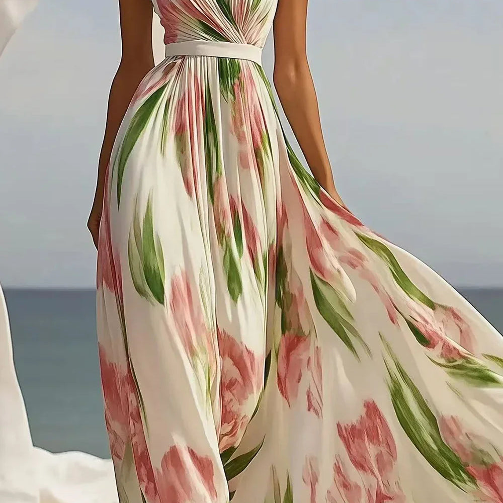 Vestido Maxi Halter de Chiffon Floral Beige de Uso Diario