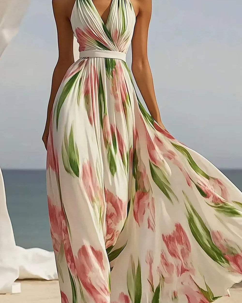 Vestido Maxi Halter de Chiffon Floral Beige de Uso Diario