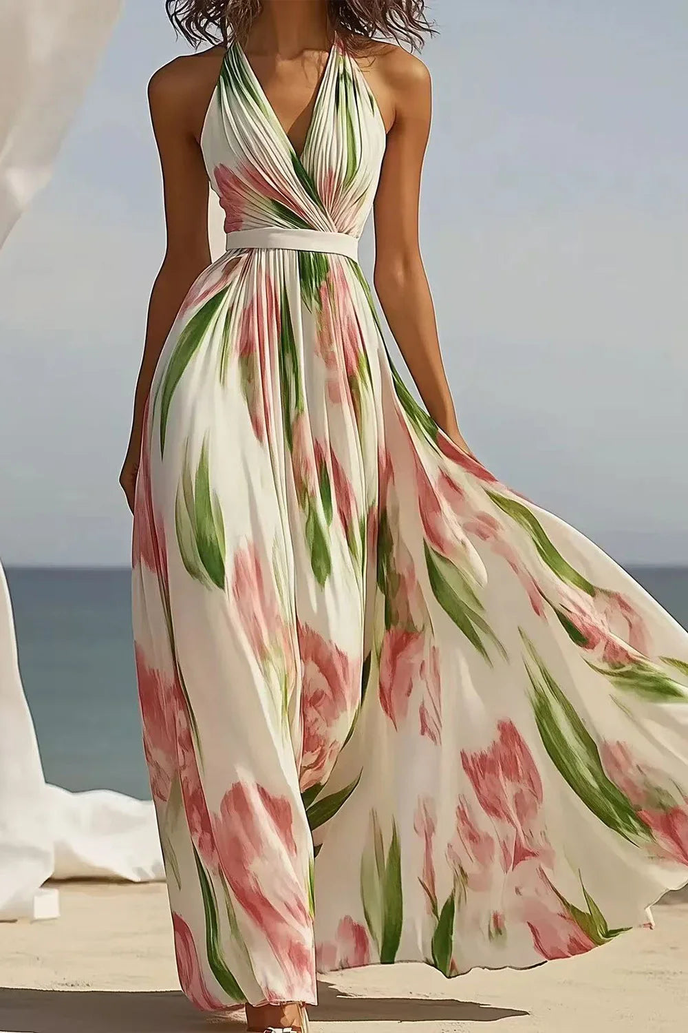 Vestido Maxi Halter de Chiffon Floral Beige de Uso Diario