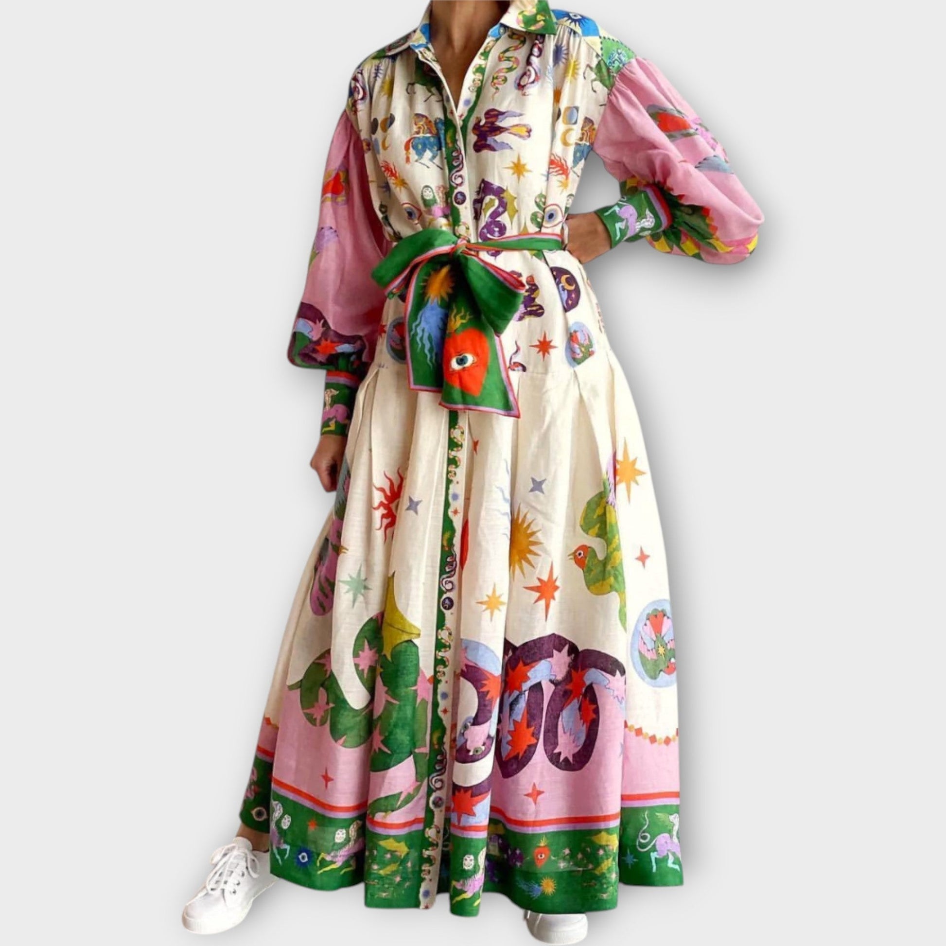 Vestido Maxi con Cinturón y Mangas Abullonadas