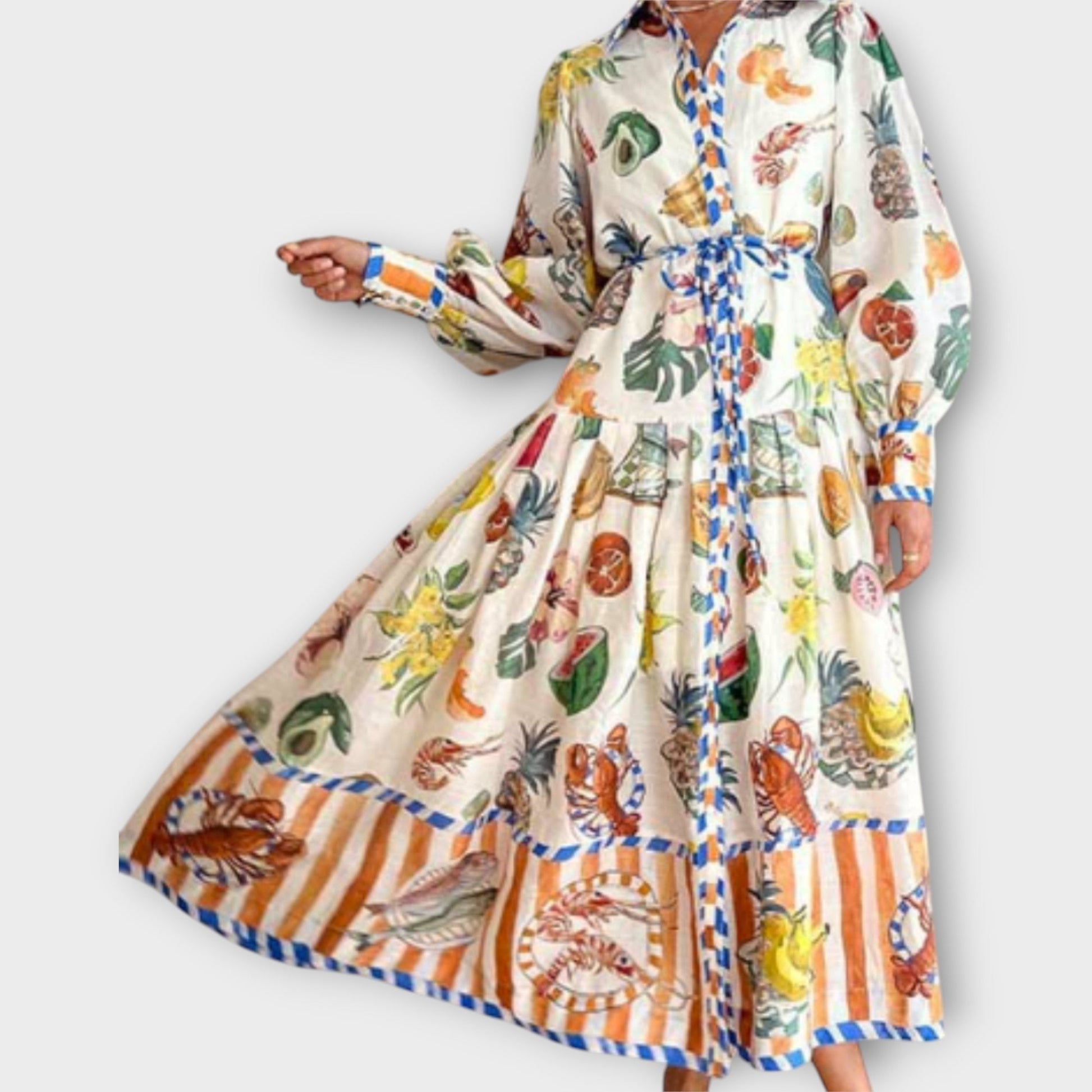 Vestido Maxi con Cinturón y Mangas Abullonadas