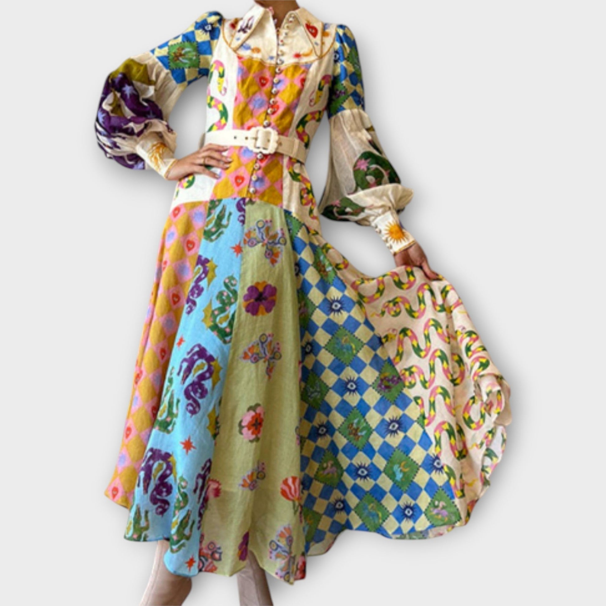 Vestido Maxi con Cinturón y Mangas Abullonadas