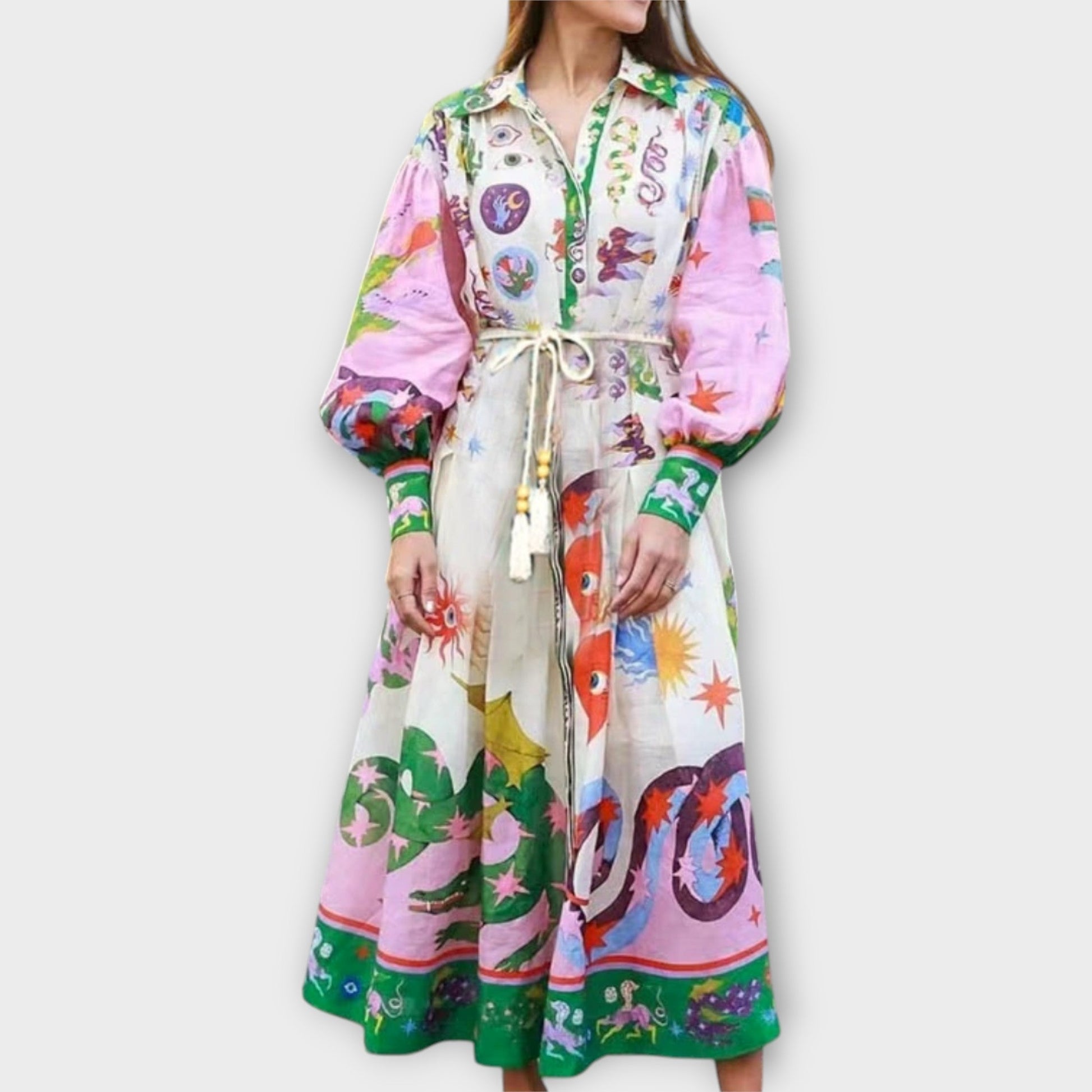 Vestido Maxi con Cinturón y Mangas Abullonadas