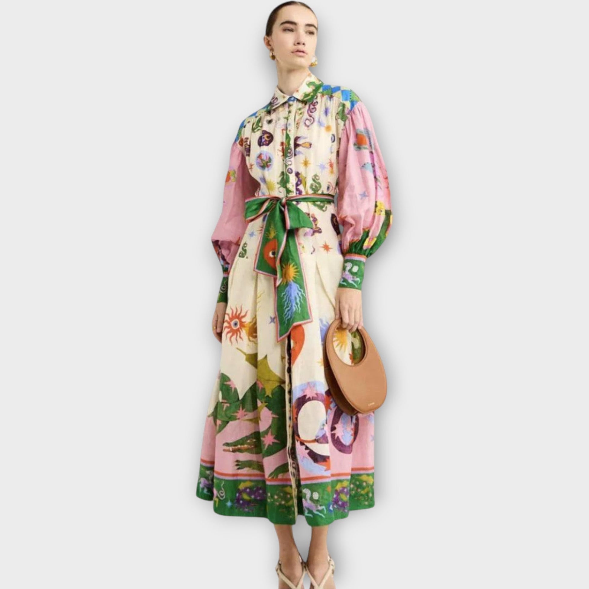 Vestido Maxi con Cinturón y Mangas Abullonadas