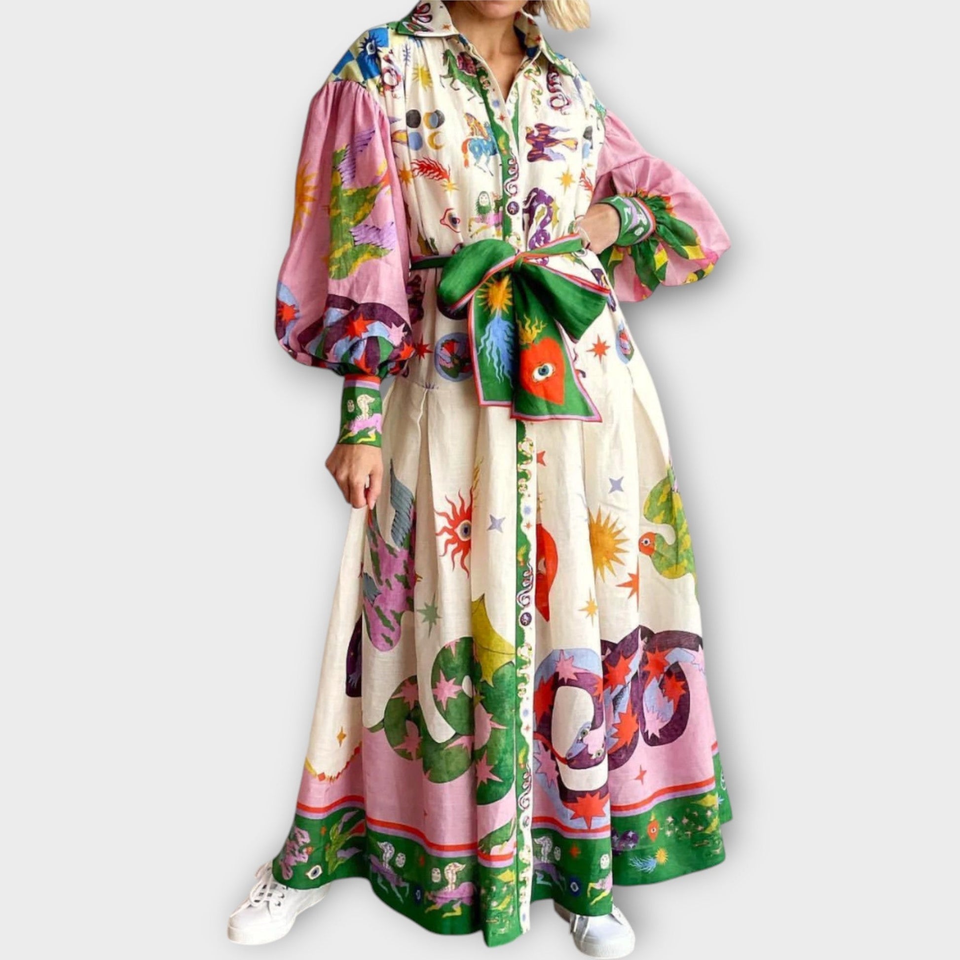 Vestido Maxi con Cinturón y Mangas Abullonadas