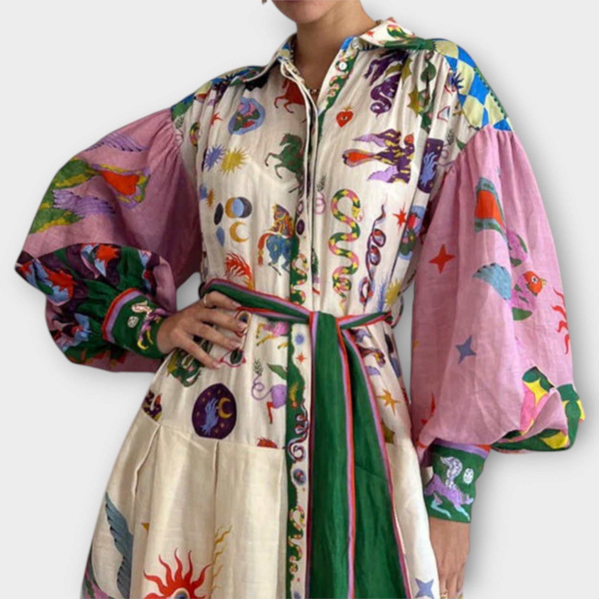 Vestido Maxi con Cinturón y Mangas Abullonadas