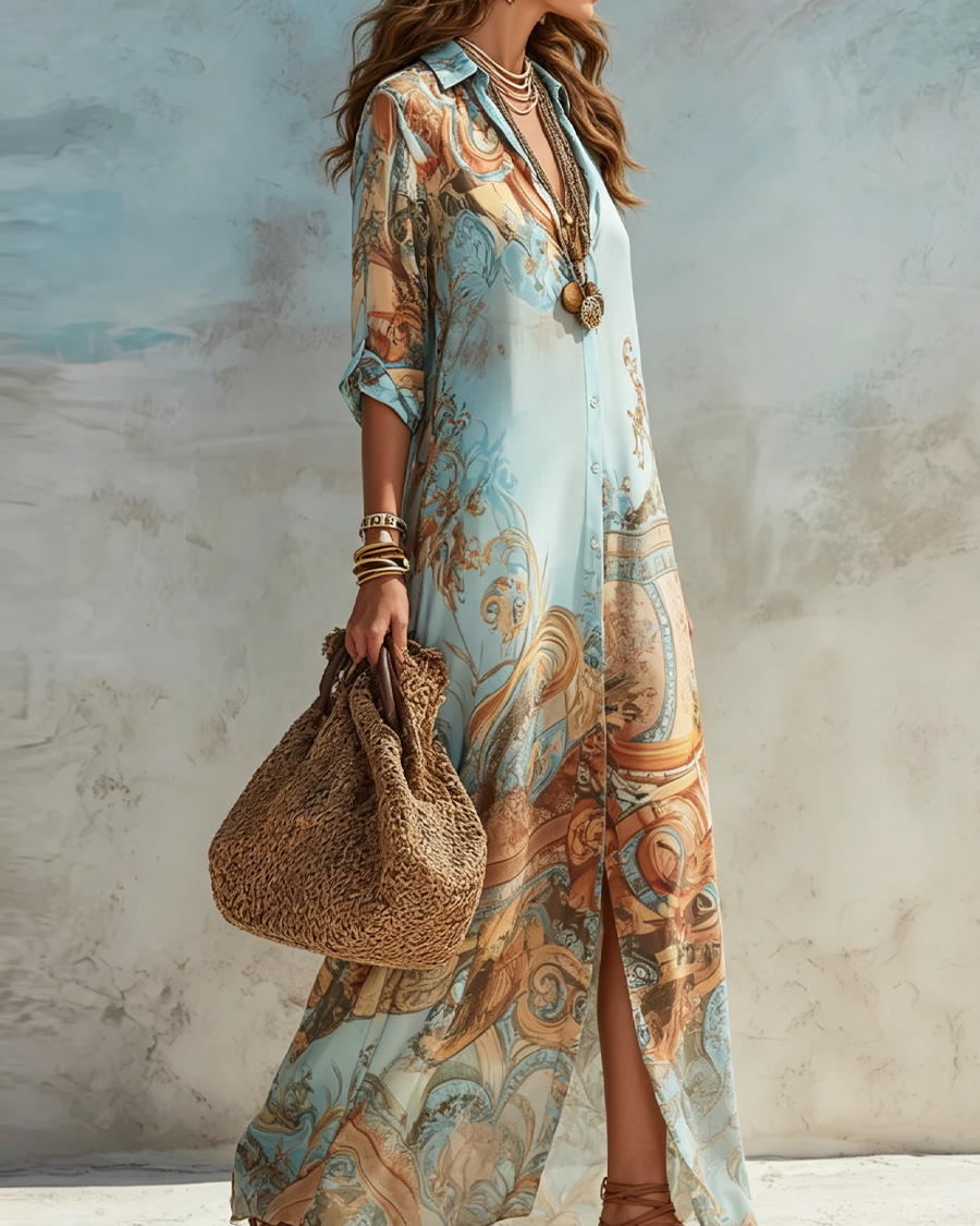 Vestido Maxi de Chiffon Floral Barroco Azul