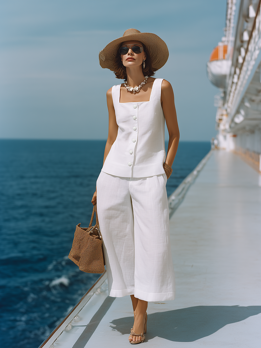 Conjunto atemporal de top blanco de algodón-lino con escote cuadrado y pantalones capri a juego