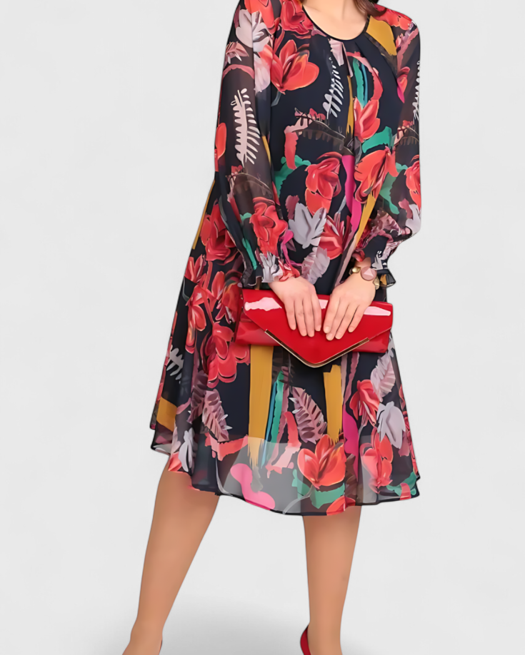 Annegret Vestido Midi Floral con Mangas Largas y Corte Fluido