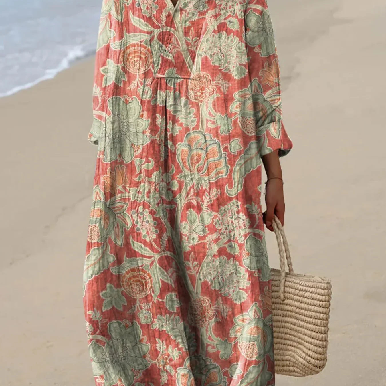 Vestido de Algodón Lino con Estampado Floral Vintage para Mujeres