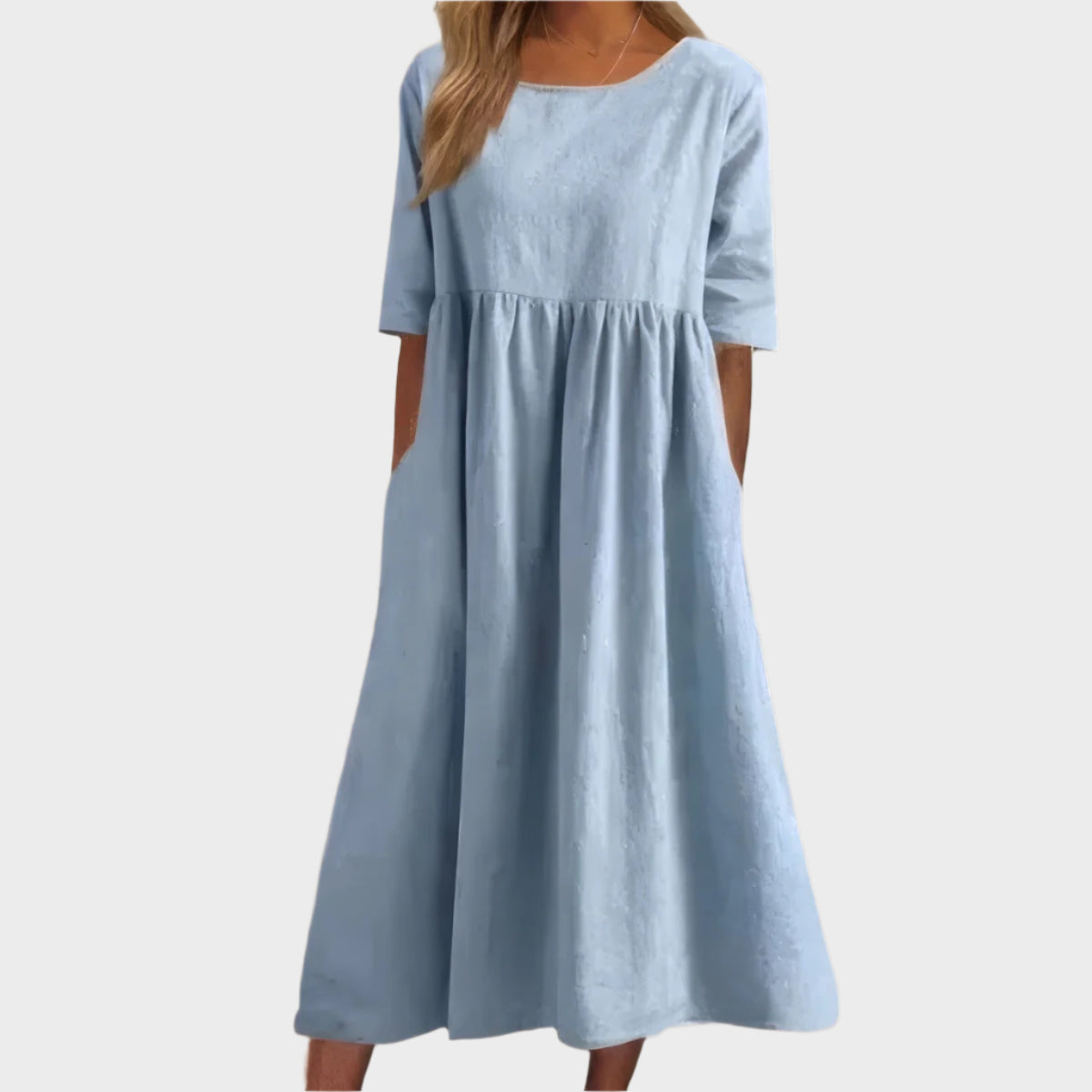 Vestido de Lino con Mangas Cortas y Corte Aireado