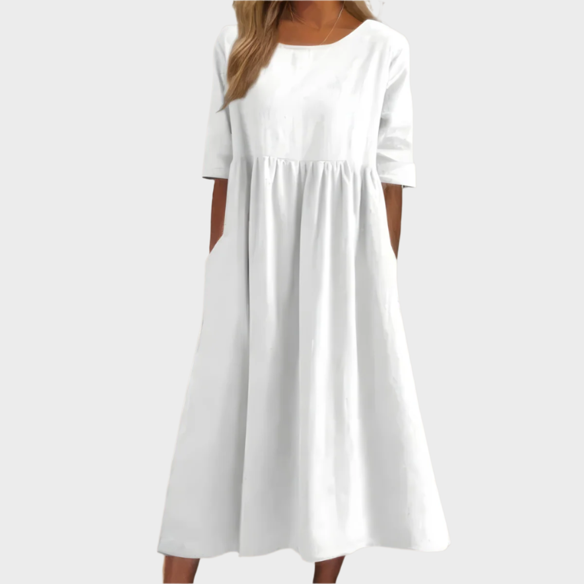 Vestido de Lino con Mangas Cortas y Corte Aireado