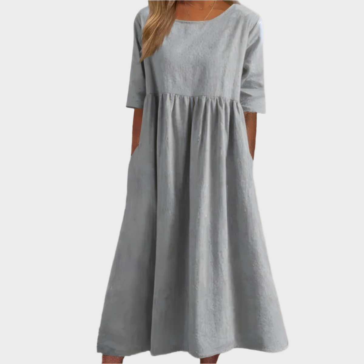 Vestido de Lino con Mangas Cortas y Corte Aireado