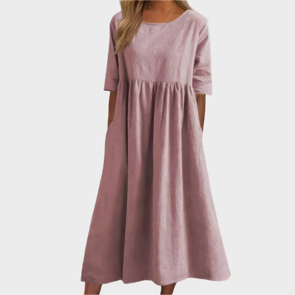 Vestido de Lino con Mangas Cortas y Corte Aireado