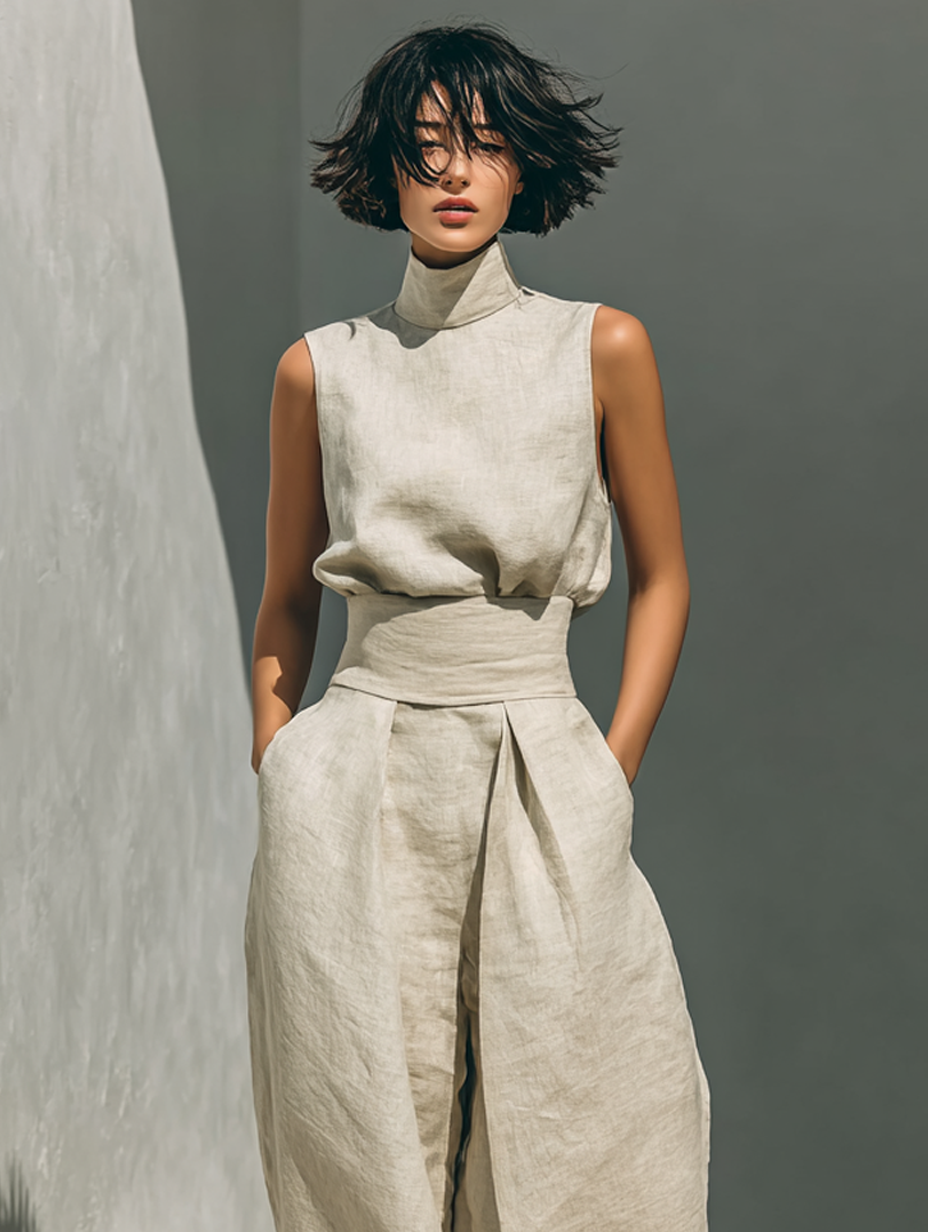 Conjunto de blusa sin mangas de algodón y lino con pantalones anchos para mujer