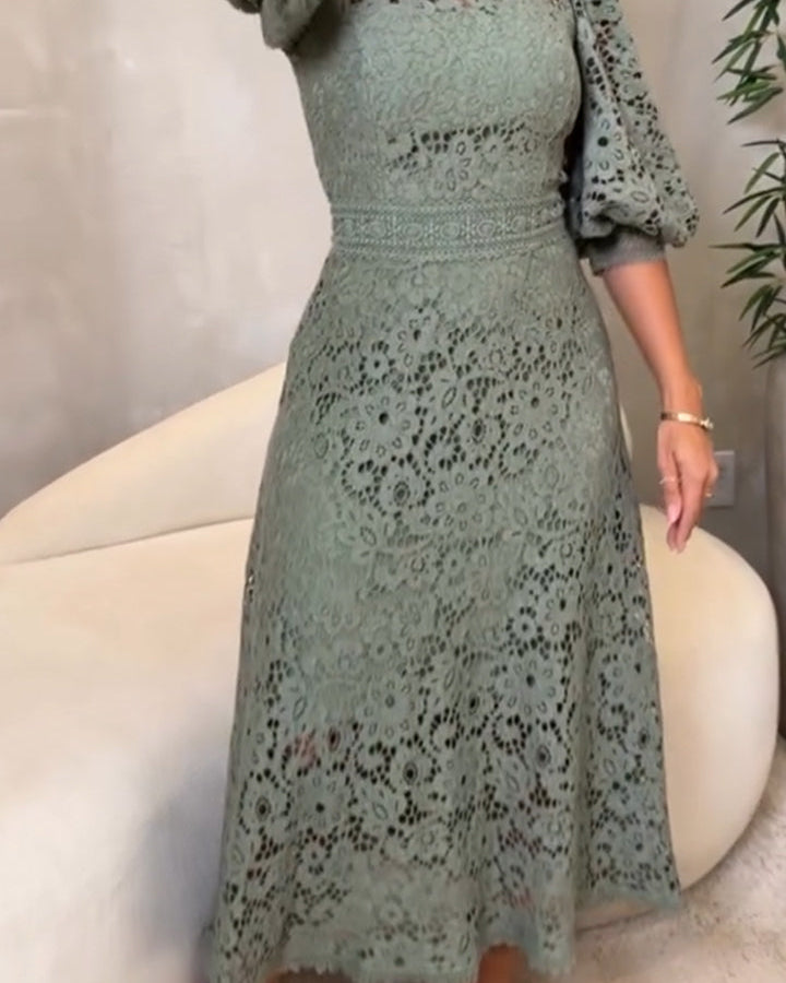 Vestido Midi de Encaje con Mangas de Linterna