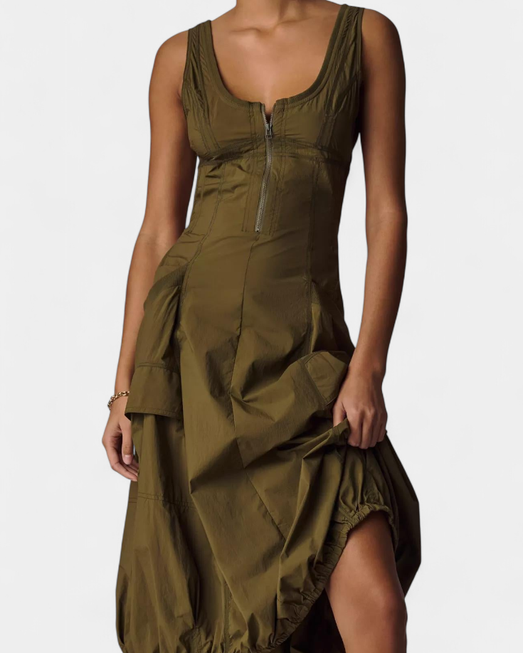 Katana Vestido Midi con Dobladillo de Burbujas y Corsé Ajustado