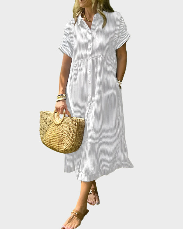 Vestido Camisero a Rayas con Solapas, Botones y Bolsillos Funcionales