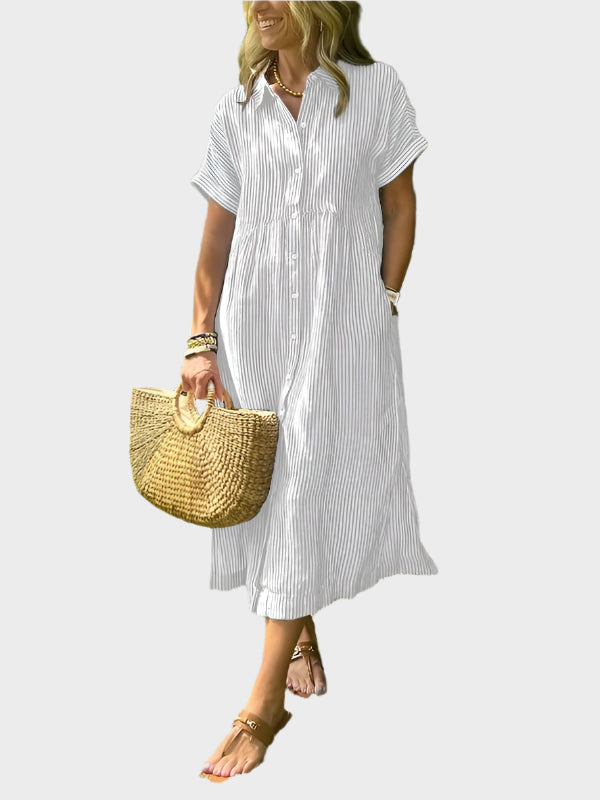 Vestido Camisero a Rayas con Solapas, Botones y Bolsillos Funcionales