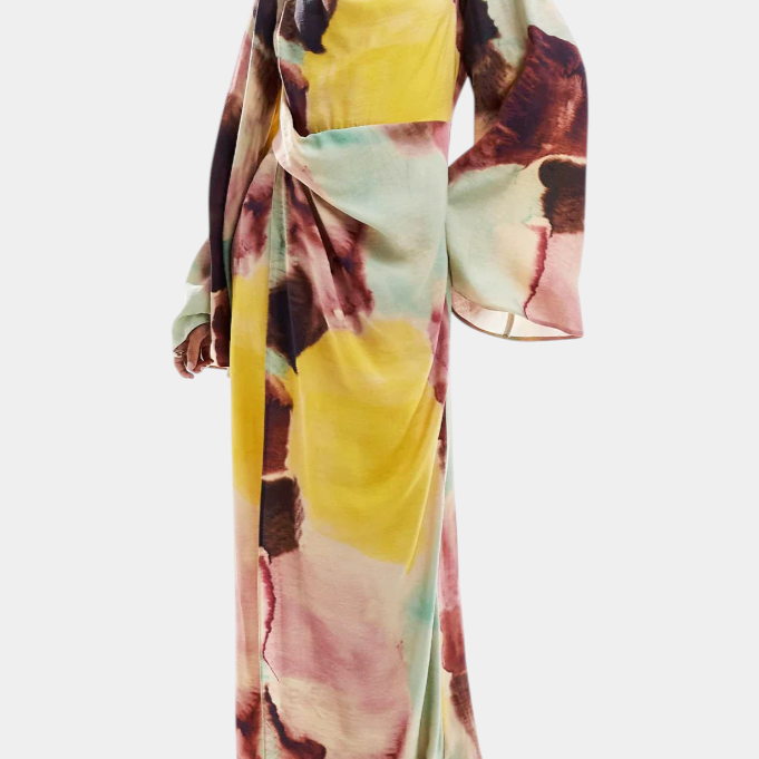 Dana Vestido Maxi con Estampado de Acuarela y Frontal Torcido