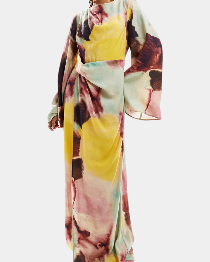 Dana Vestido Maxi con Estampado de Acuarela y Frontal Torcido