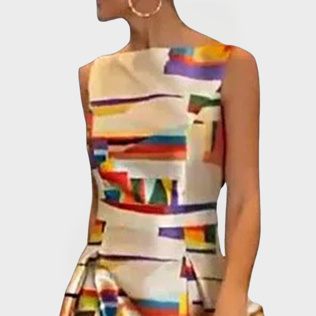 Vestido Largo con Patrones Geométricos y Corte Moderno
