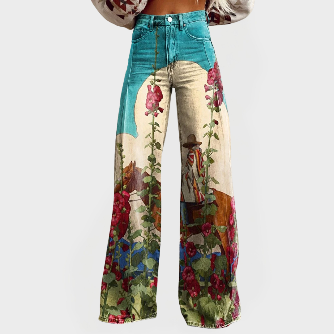 Jeans Elegantes con Diseño Floral y Piernas Anchas