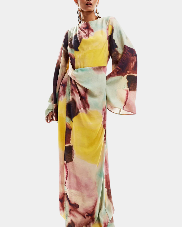 Dana Vestido Maxi con Estampado de Acuarela y Frontal Torcido
