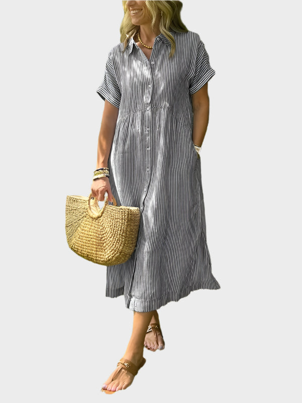 Vestido Camisero a Rayas con Solapas, Botones y Bolsillos Funcionales