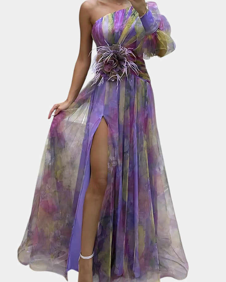 Amelie | Vestido Maxi Asimétrico de Un Hombro con Estampado Artístico